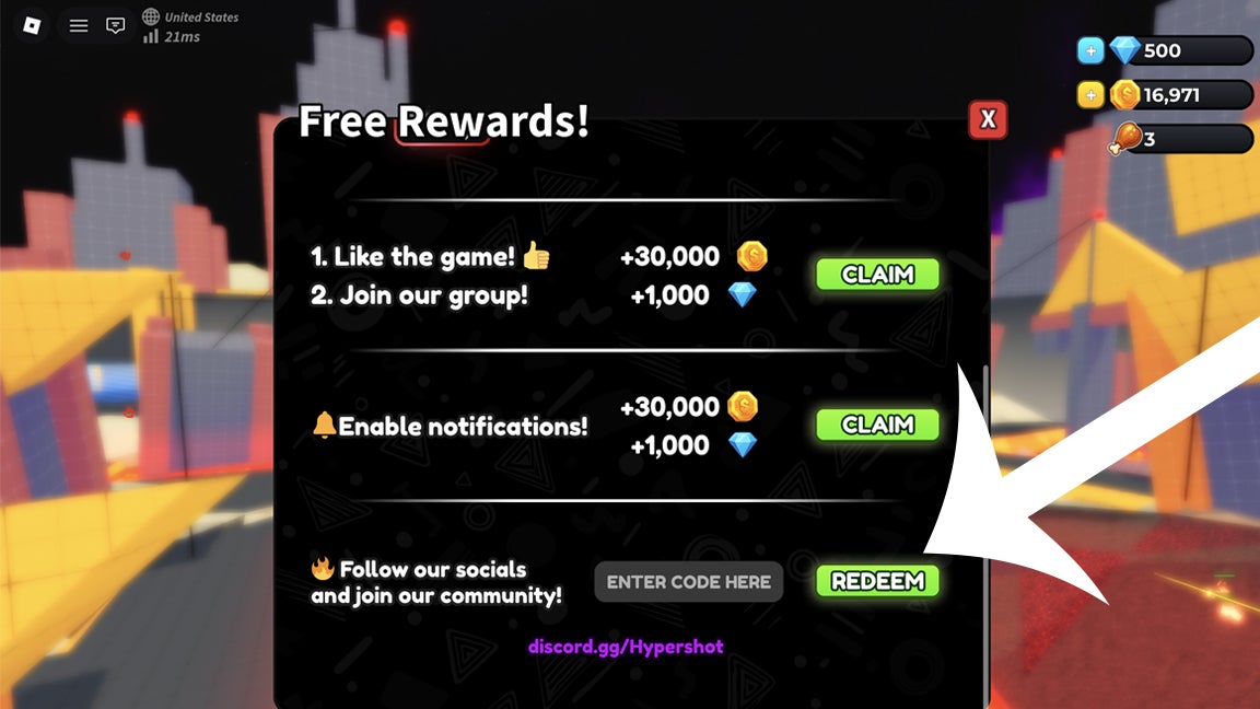 Стрелка, указывающая на меню кодов в игре Hypershot (Roblox).