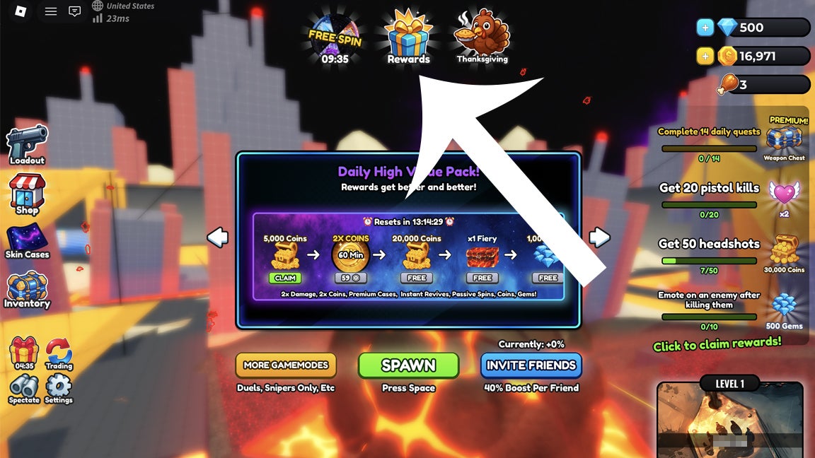 Стрелка, указывающая на кнопку «Вознаграждения» в игре Hypershot (Roblox).