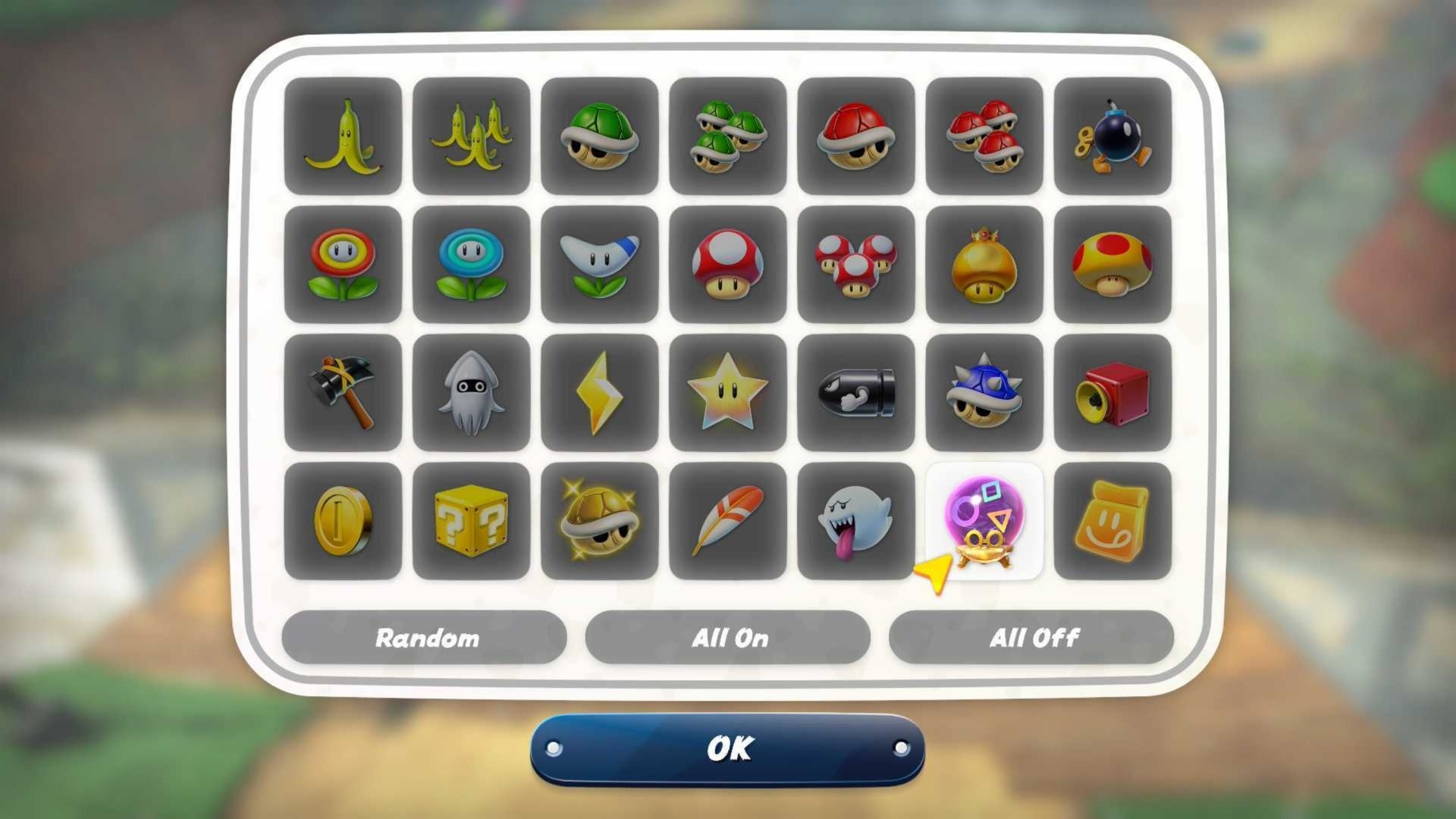 экран выбора кастомных предметов в Mario Kart World, режим VS, предмет Камек