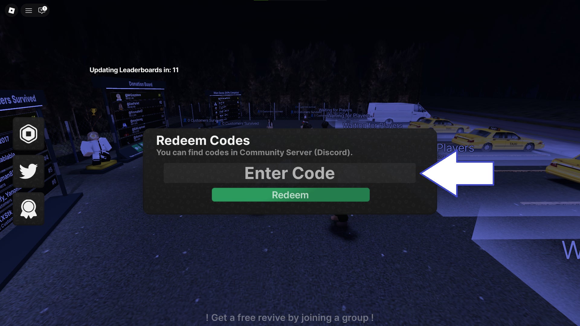 Скриншот Road Side Shawarma в Roblox, показывающий поле для ввода кодов в игре.