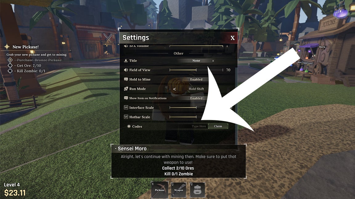 Стрелка указывает на меню, в котором игроки вводят коды в Roblox-игре The Forge.