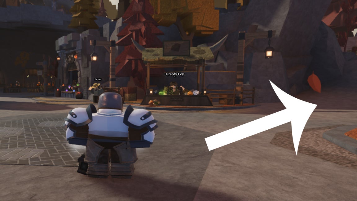 Стрелка указывает на путь, по которому игрокам нужно пройти, чтобы найти Captain Rowan в The Forge. Один из его квестов потребует найти Eye Ore.