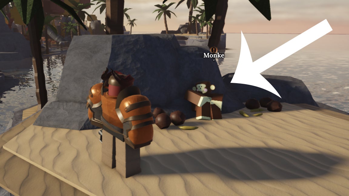 Стрелка указывает на NPC-обезьяну, с которой игрокам нужно поговорить, чтобы начать задание The Forge Monkey.