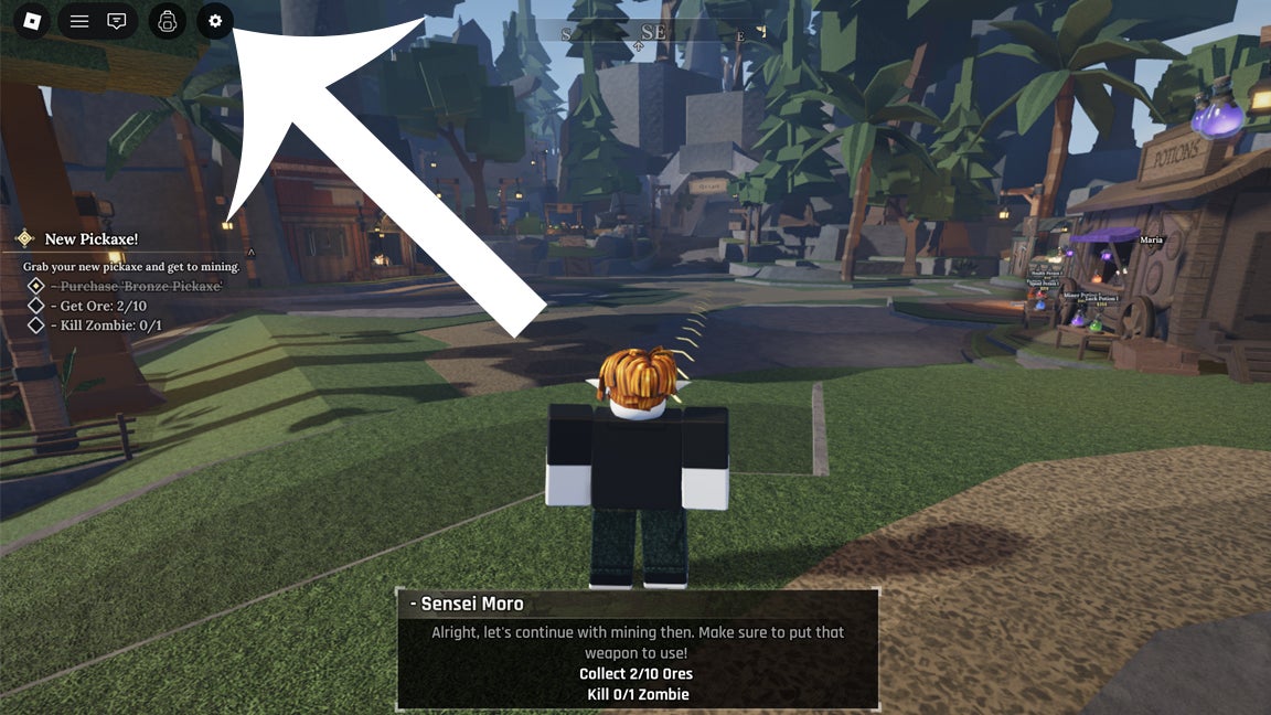 Стрелка указывает на кнопку настроек в Roblox-игре The Forge.